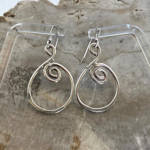 Artisan Sterling Silver 925 1.88" Hammered Spiral Wire Dangle Drop Earrings - Picture 11 of 16